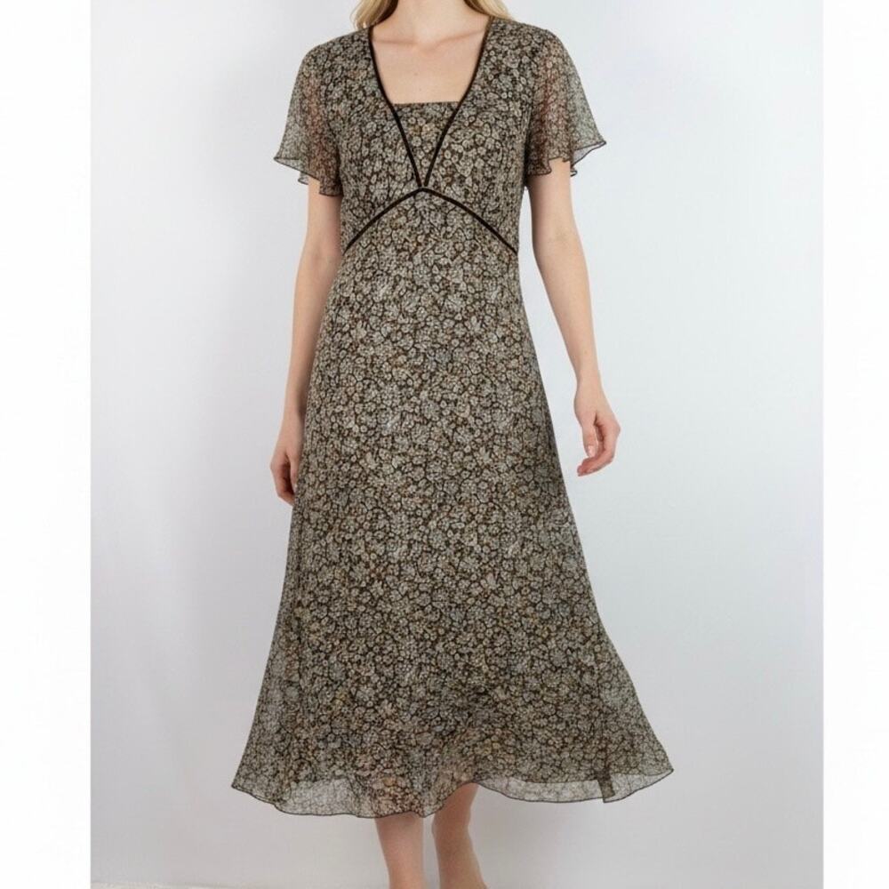 Isabella Bird Vintage 90s Floral 100% Silk Chiffon Midi Dress Women's 10 Brown
